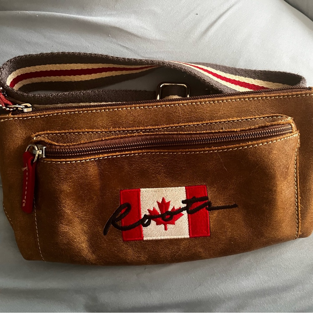 Roots Tan Leather Belt Bag with Canadian Flag